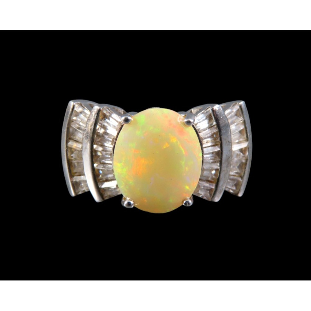 SAM STERLING SILVER Cocktail Ring YELLOW ETHIOPIAN OPAL White Topaz Baguettes 7